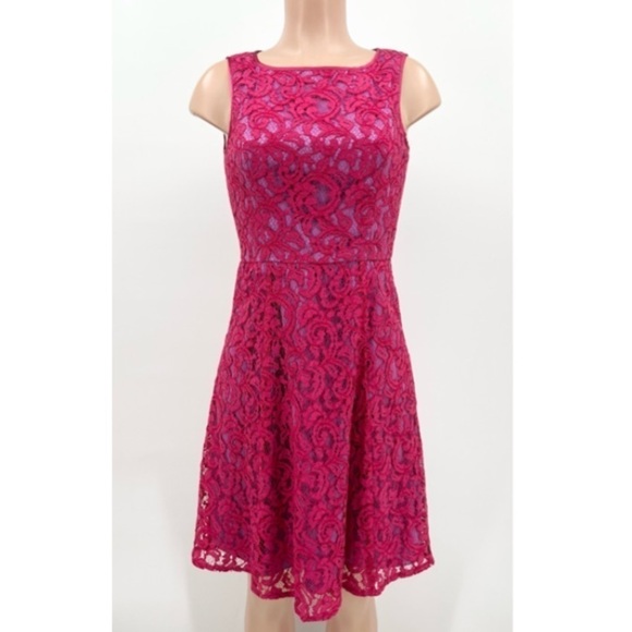 Adrianna Papell Pink-Purple Lace Fit & Flare Dress w/Pockets - Picture 1 of 13
